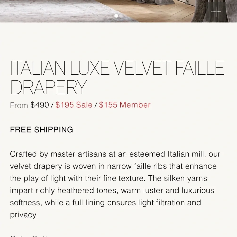 Restoration Hardware, Italian Luxe Velvet Faile Drapery, 100x84. Brand new